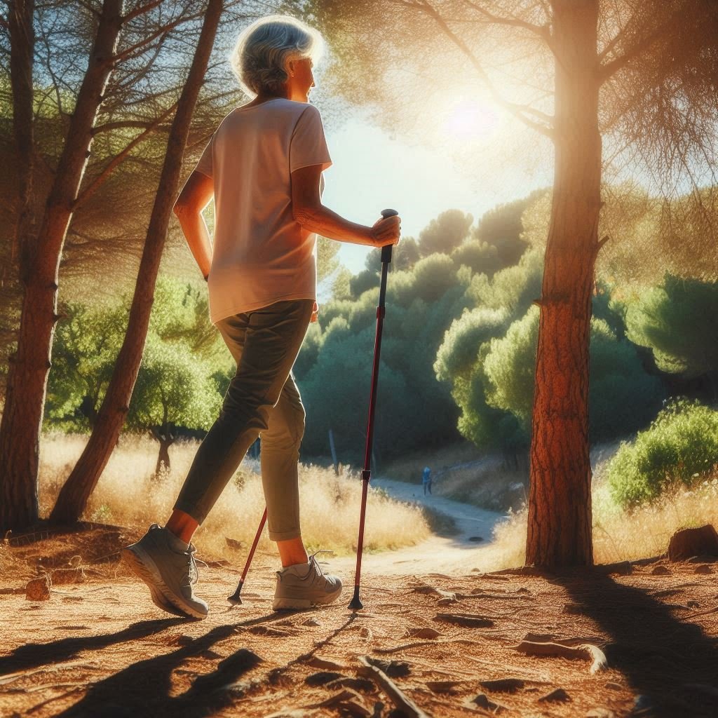 Senior woman brisk walking with poles in a scenic wooded area, showing safe high-impact exercise.