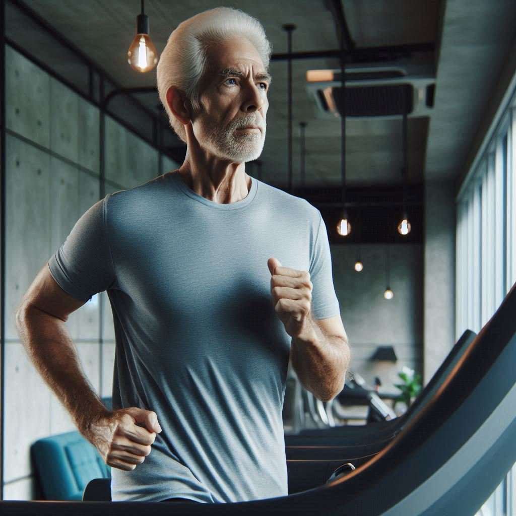 Senior man jogging on a treadmill with focus, illustrating achievable fitness goals despite aging metabolism.