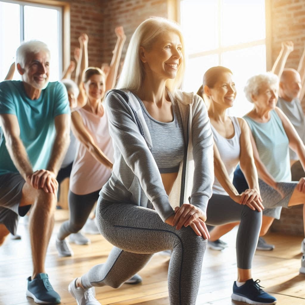 Group of older adults following a fitness instructor in a bright studio, embodying community fitness and encouragement.