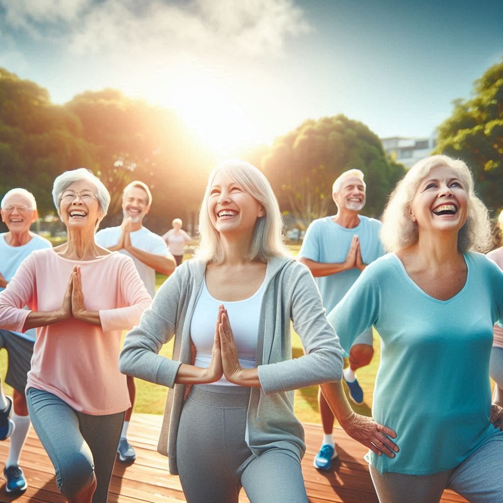 Group of seniors performing light exercises like yoga and walking in a bright park, smiling and engaged in healthy activities.