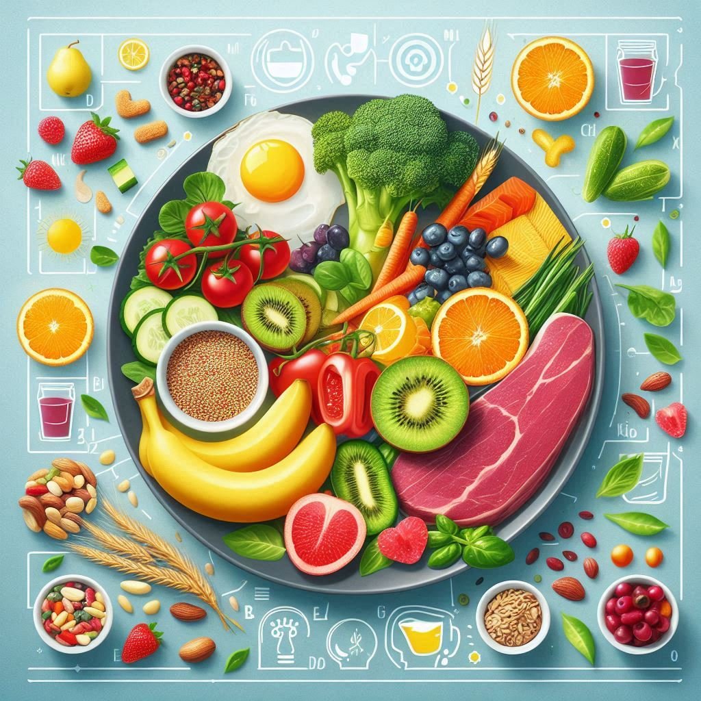 A colorful plate filled with fresh fruits and vegetables, symbolizing the importance of a healthy diet for mental and physical well-being.