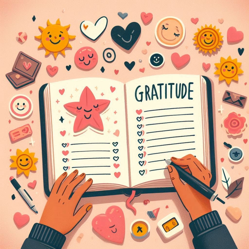 A person writing in a gratitude journal, representing the practice of gratitude to enhance mental well-being and positivity.

