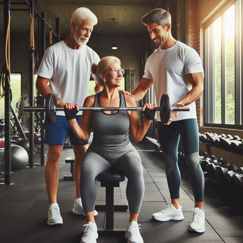 Older adult lifting light weights in a gym with a supportive trainer, demonstrating safe, intense exercise.