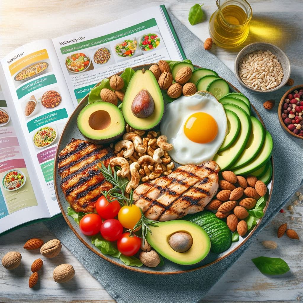 A colorful plate filled with high-calorie foods, including avocados, nuts, grilled chicken, and whole grains, symbolizing a calorie surplus for weight gain.

