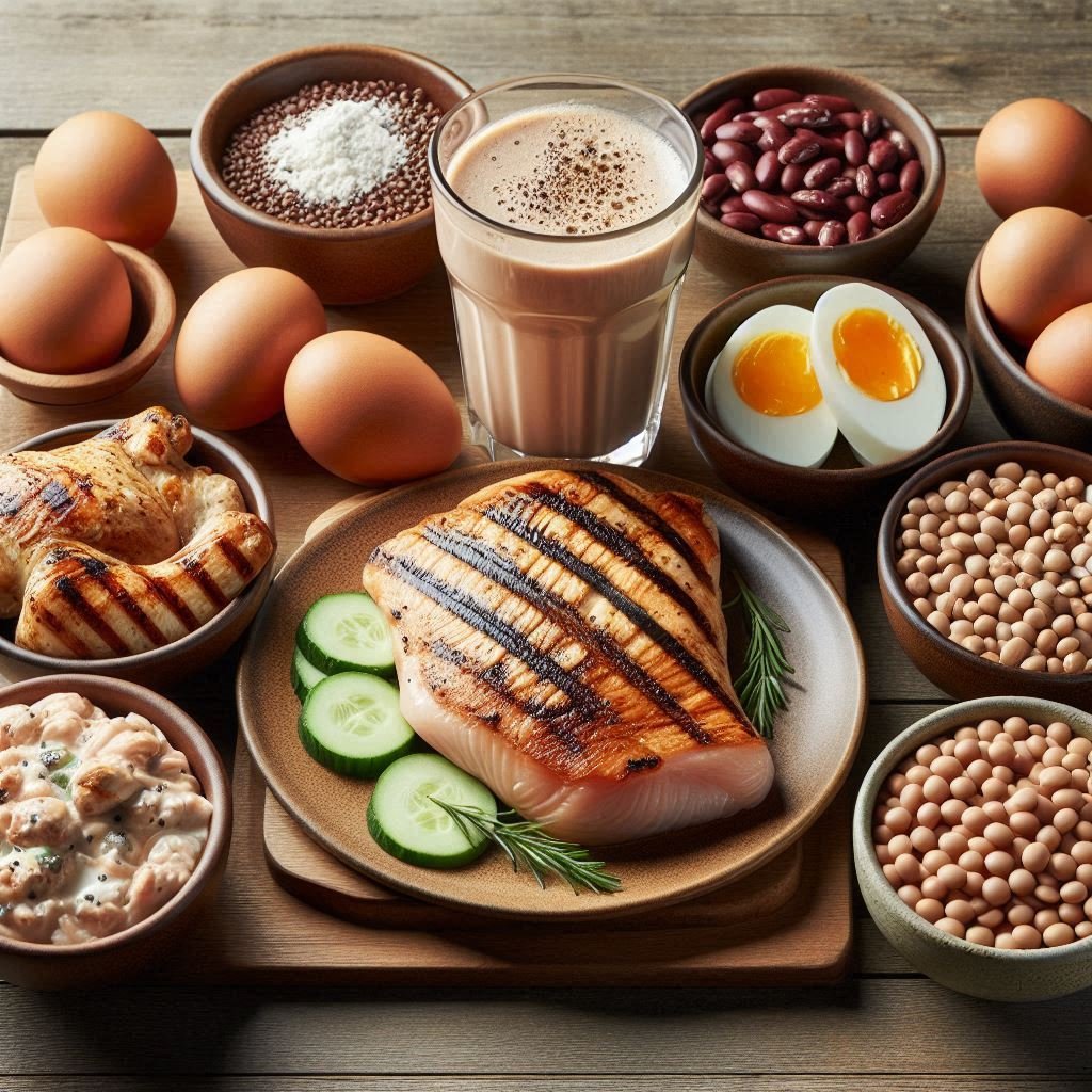 An assortment of protein-rich foods such as grilled chicken, salmon, eggs, beans, and a protein shake displayed on a wooden table, emphasizing the importance of protein in weight gain.

