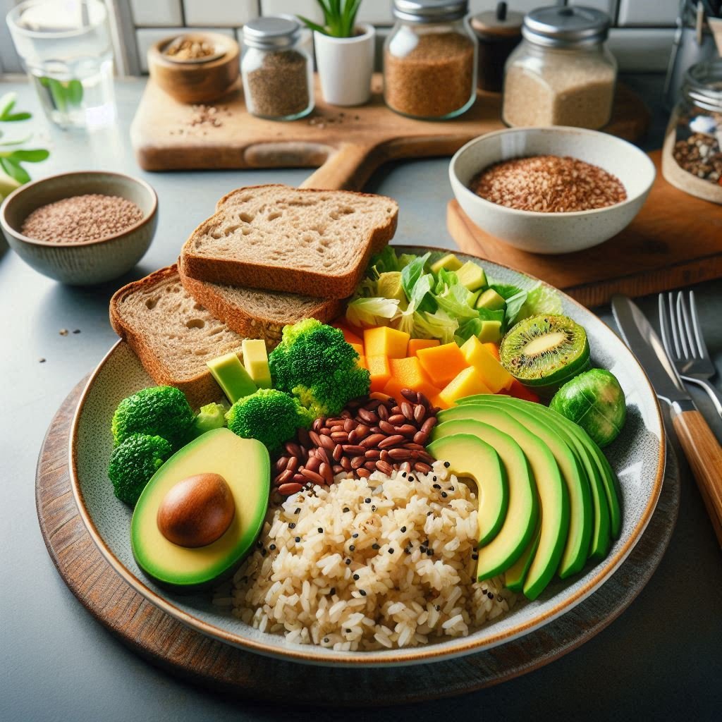 A healthy meal featuring a mix of whole grains, starchy vegetables, and healthy fats like avocado, showcasing balanced nutrition for gaining weight.