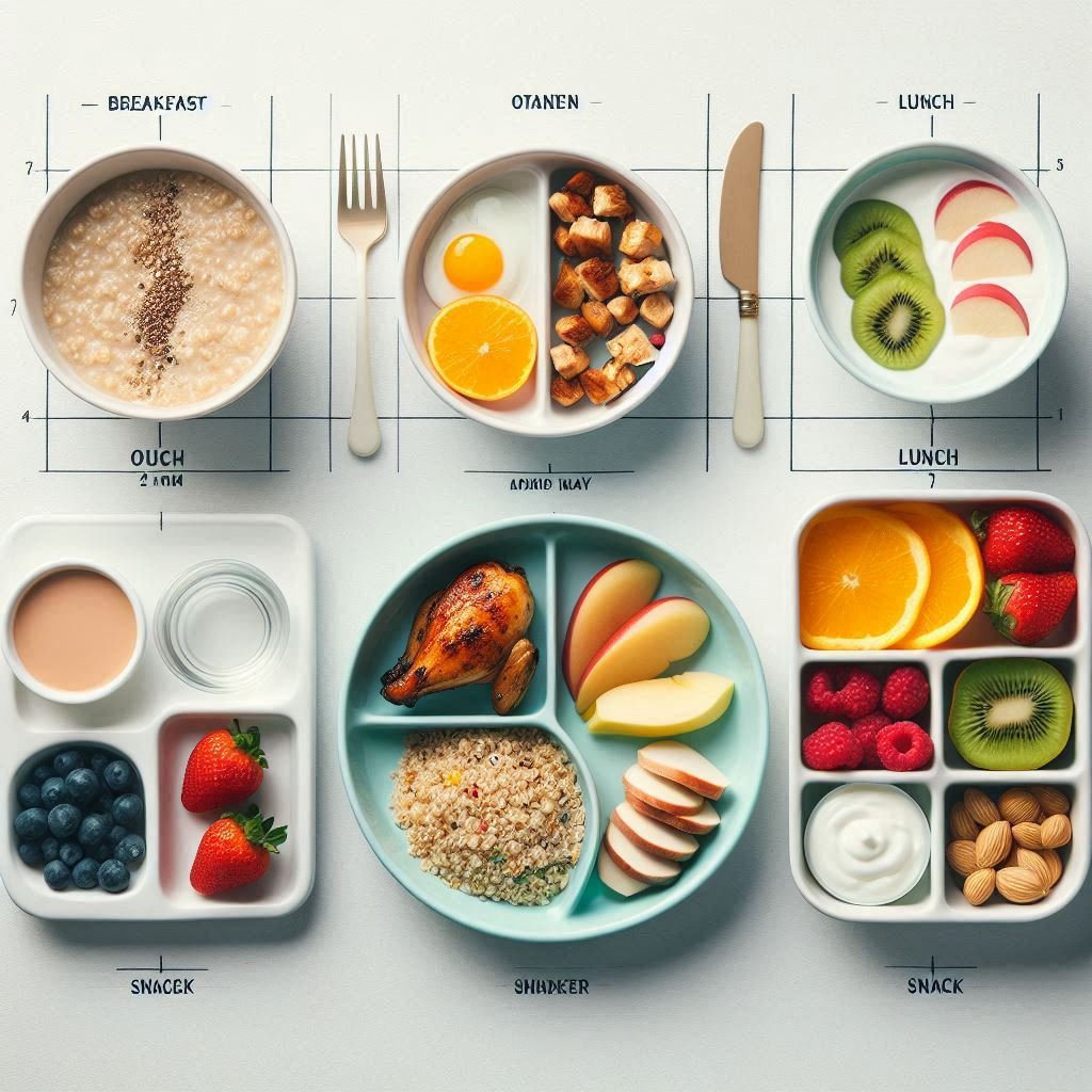 Five small, nutritious meals arranged on a table, including breakfast, lunch, and snacks, representing a strategy for increasing caloric intake throughout the day.