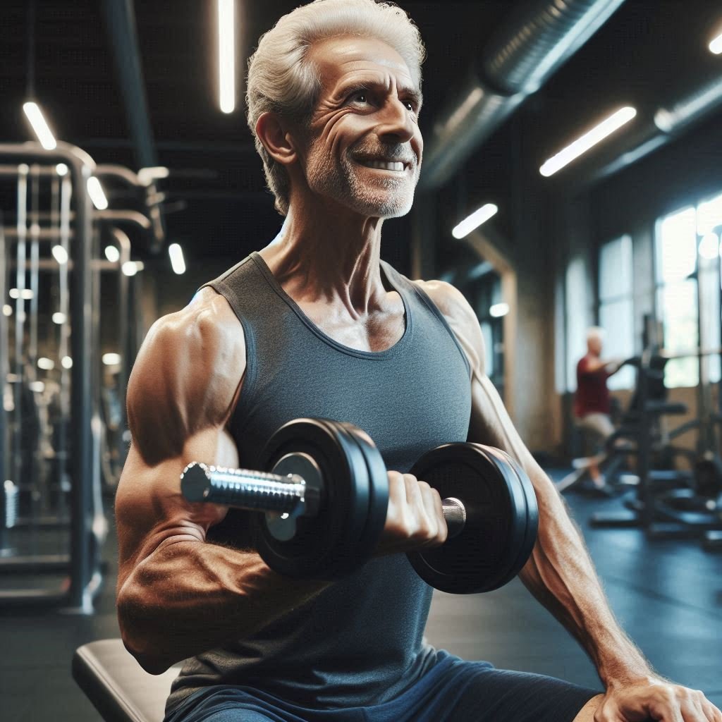 Fit older man lifting light weights in a gym, showing that muscle building is possible at any age.