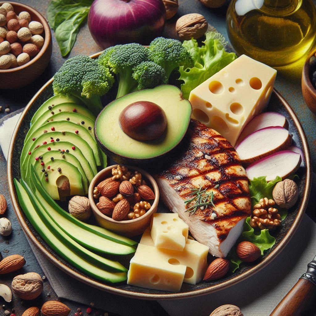 Plate with avocados, nuts, cheese, and grilled chicken on a rustic table, representing Keto-friendly foods.
