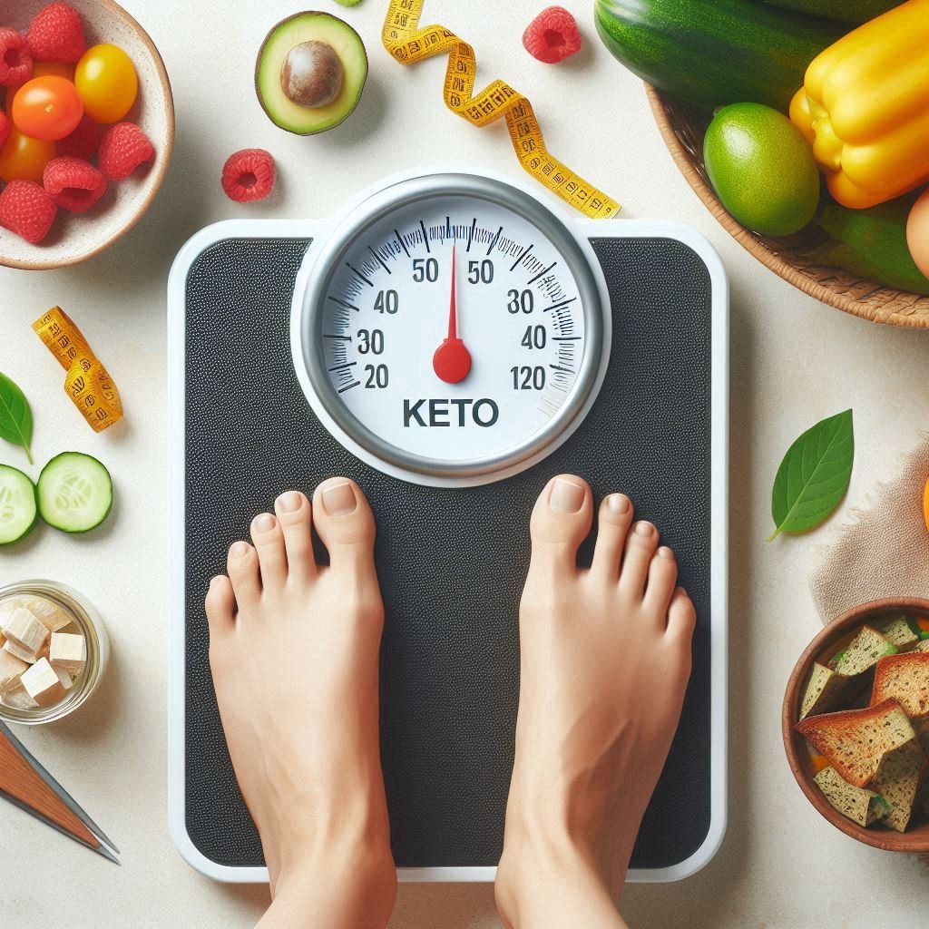 Feet on a scale showing weight loss, with a bowl of Keto-friendly foods nearby, highlighting Keto weight loss results.