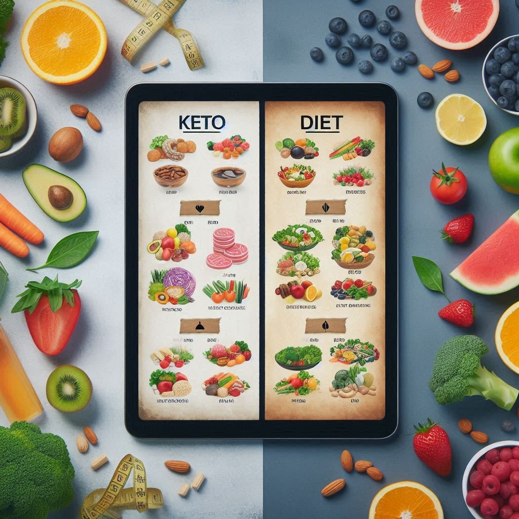  Split screen showing Keto high-fat foods on one side and DASH diet foods like fruits and vegetables on the other.