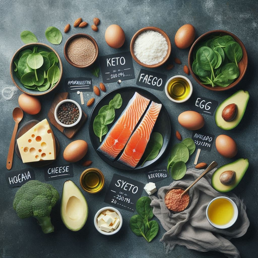 Top view of a table filled with Keto foods like salmon, eggs, leafy greens, cheese, and avocados, labeled with macronutrients.