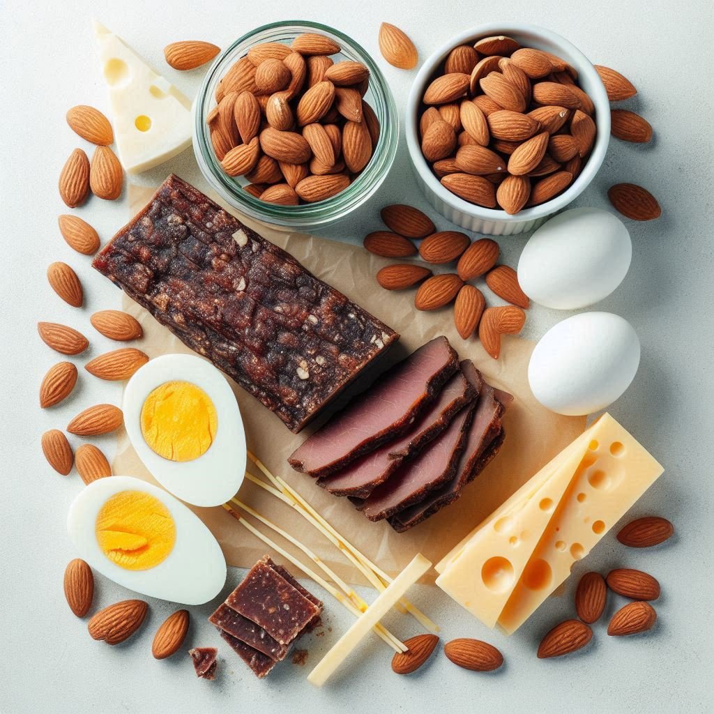 A selection of high-protein Keto snacks, including beef jerky, hard-boiled eggs, almonds, and cheese sticks, on a clean white background.