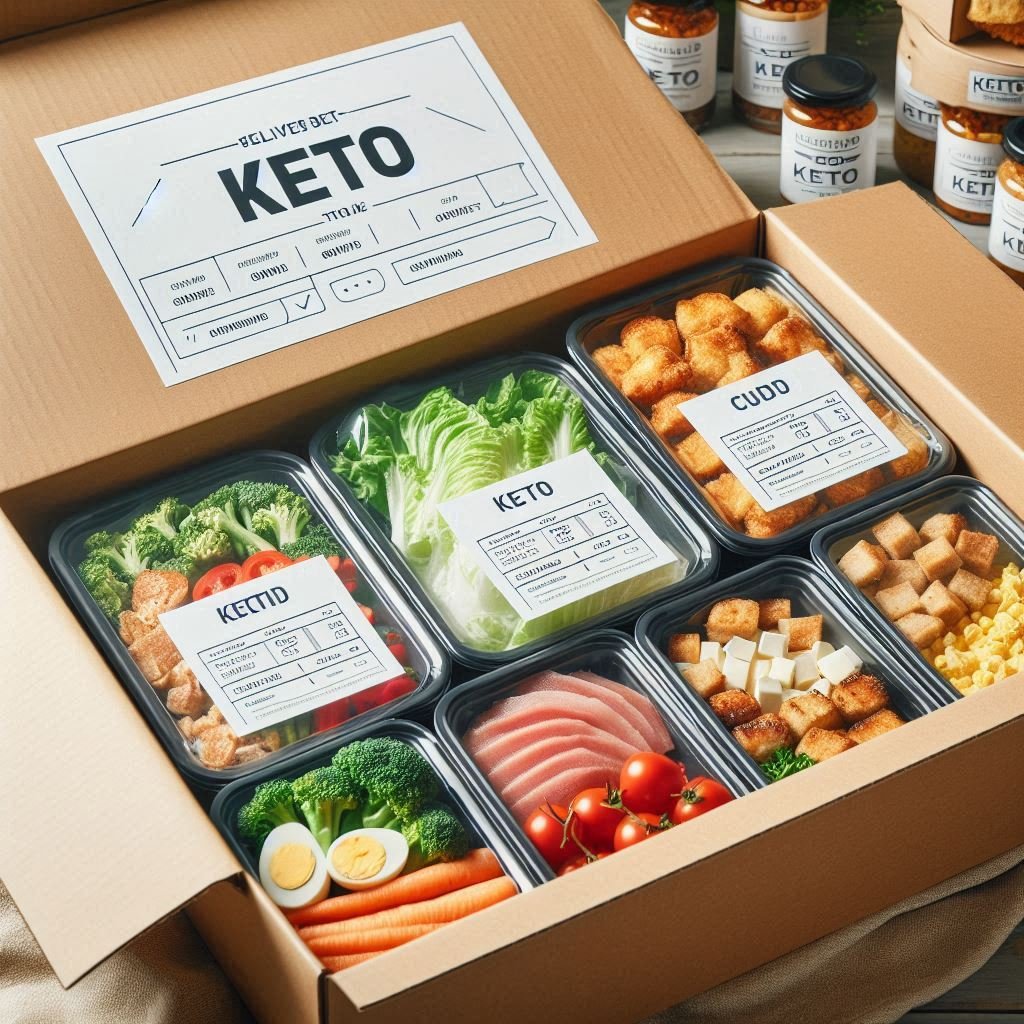 Delivery box filled with pre-packaged Keto meals, neatly labeled and ready for delivery.