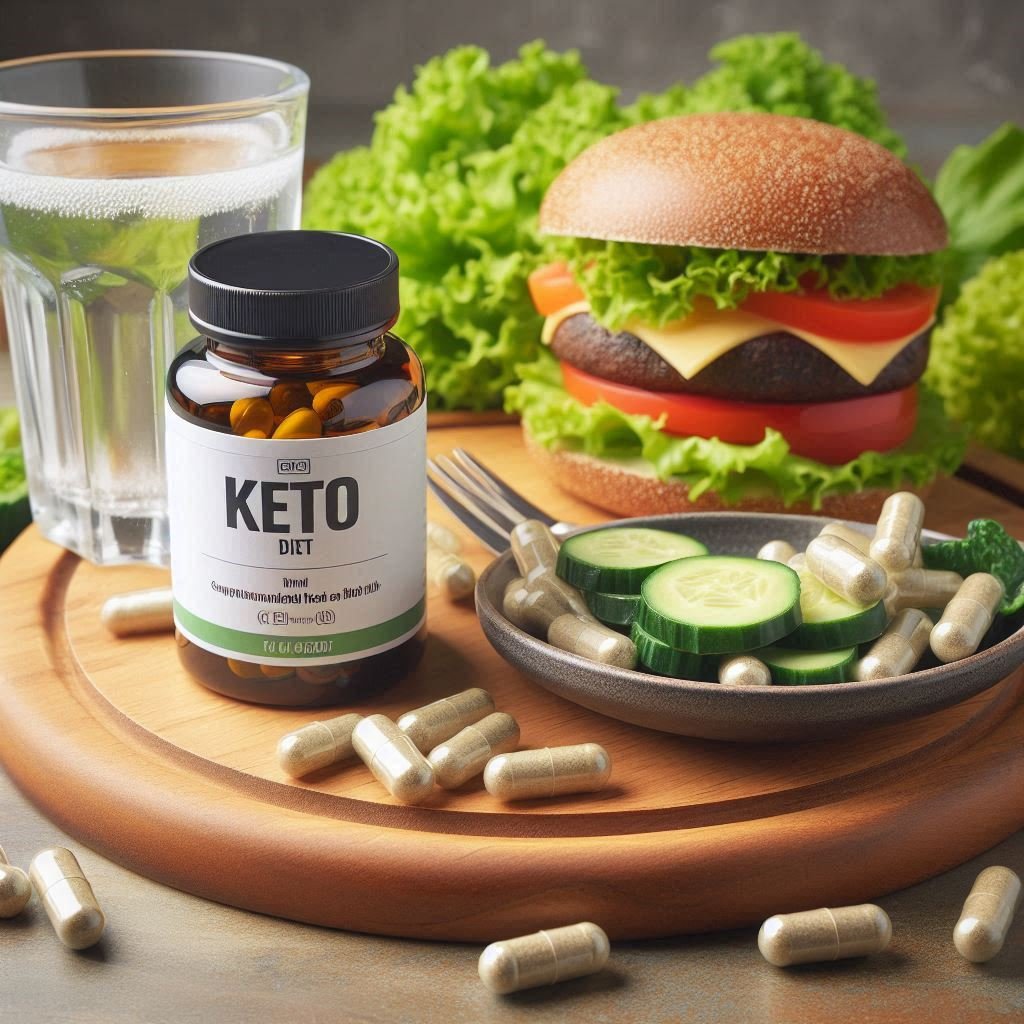  Bottle of supplements next to a Keto meal with a glass of water, supporting the Keto diet.