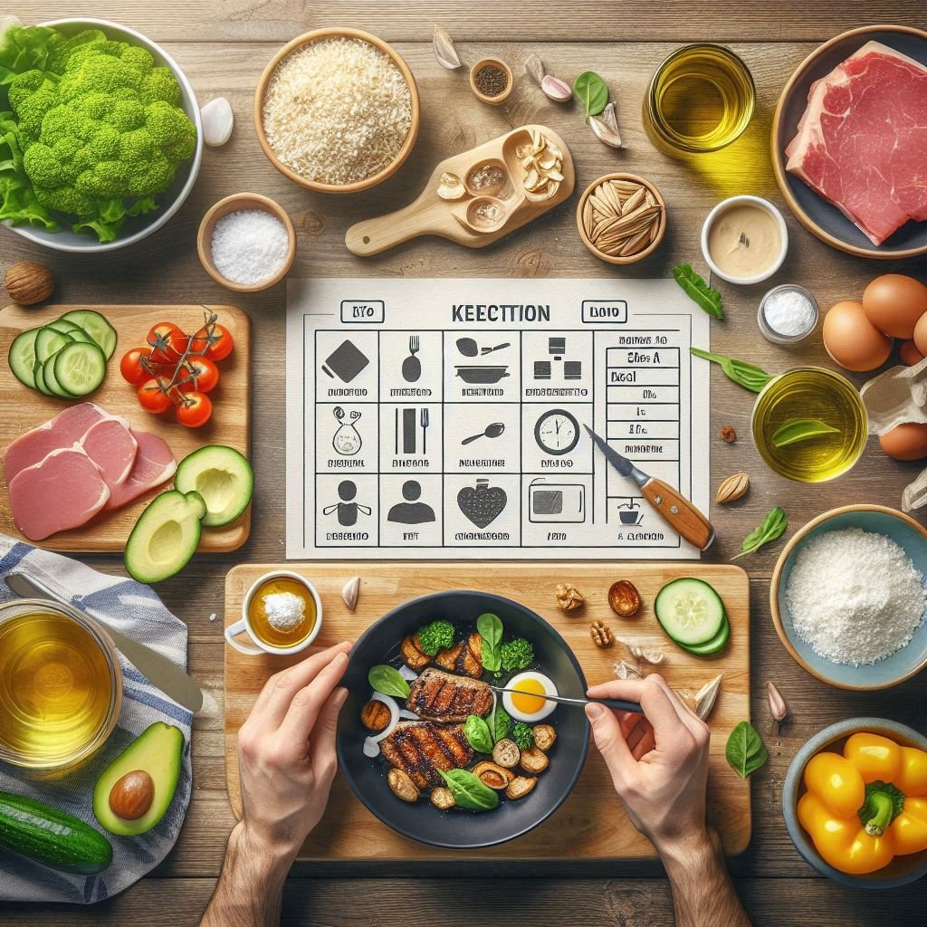  Kitchen scene showing meal ingredients, macro-tracking, and someone preparing a Keto meal.