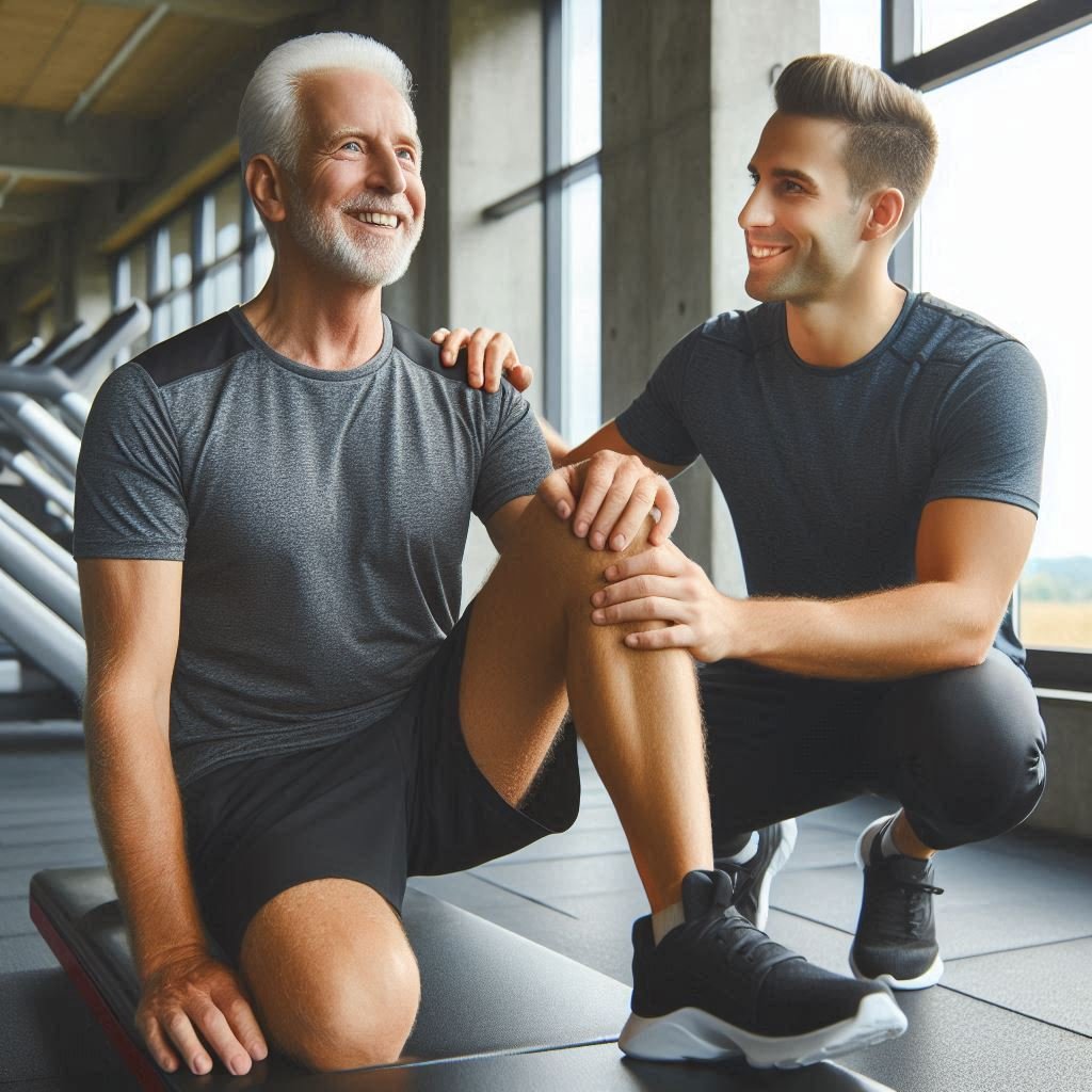 Senior woman exercising safely with a trainer's support in a modern gym, promoting exercise safety for older adults.