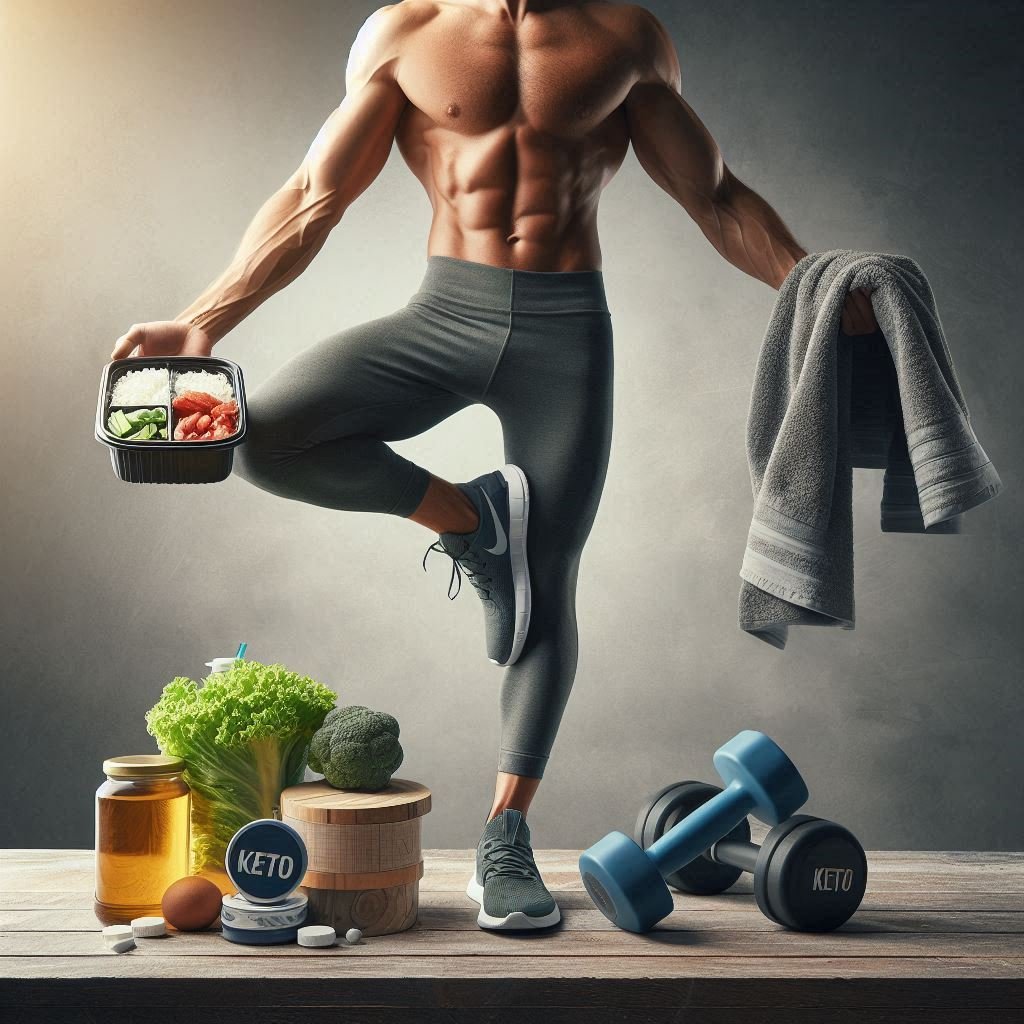  Fit individual holding a Keto meal in one hand and a workout towel in the other, symbolizing diet and exercise balance.