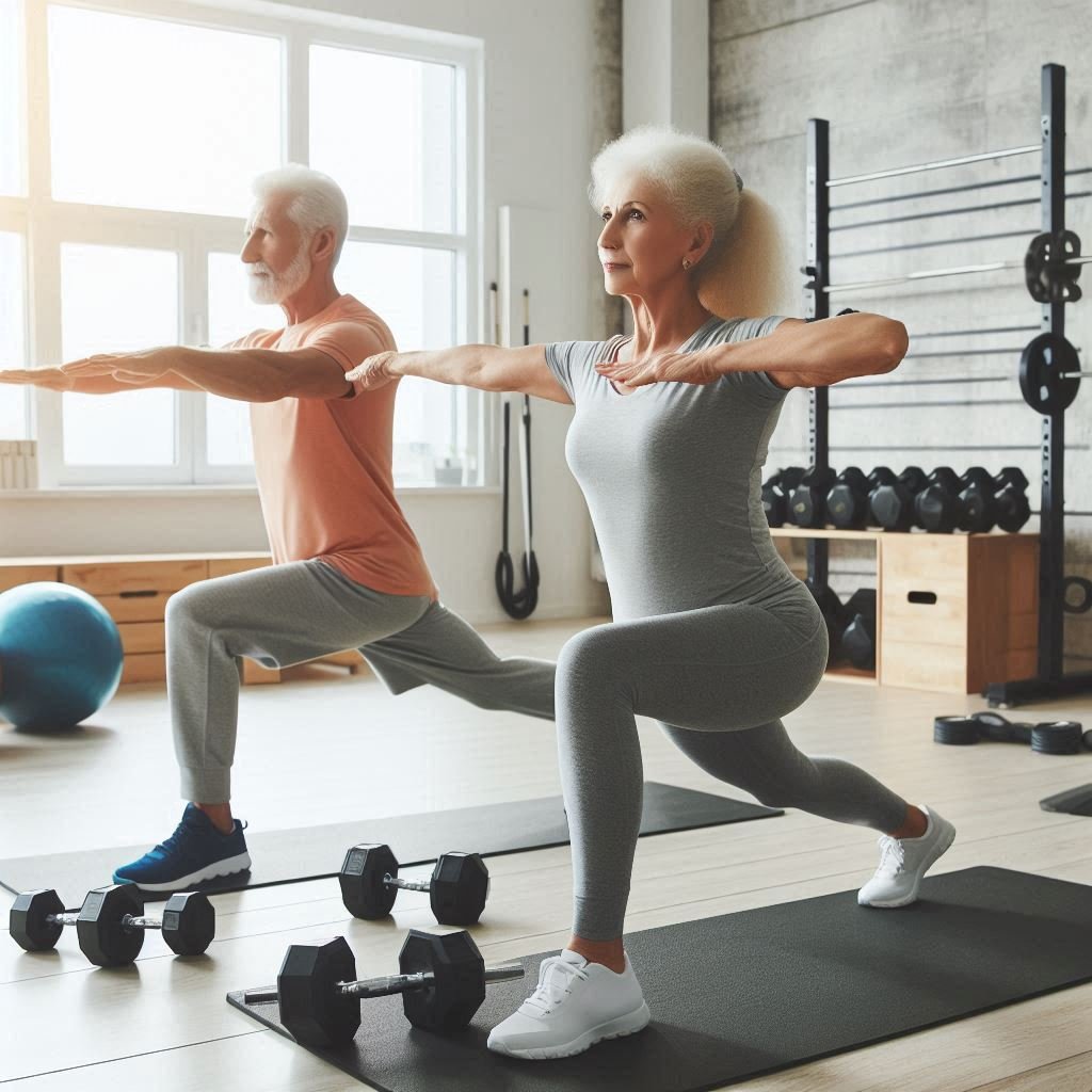 Senior couple performing a balanced workout, combining weights and stretches in a bright fitness studio.