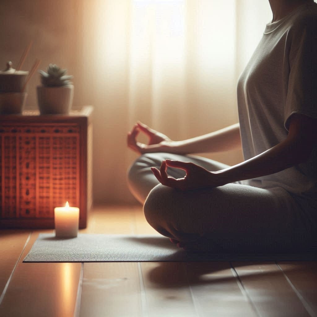 "A person lying down on a yoga mat with closed eyes, subtle energy lines across the body representing focus on different muscle groups during body scan meditation in a calm environment."