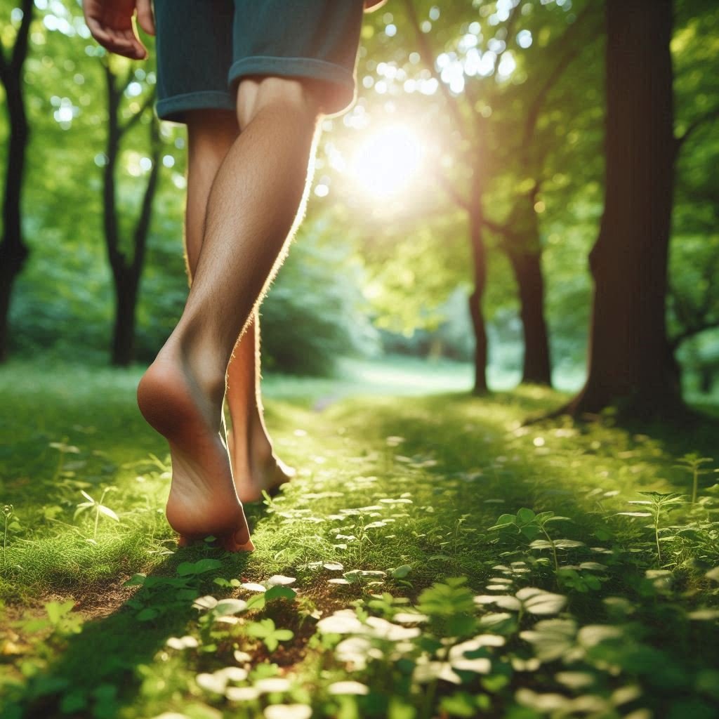 "A person walking barefoot through a green park or forest, focusing on each step."
