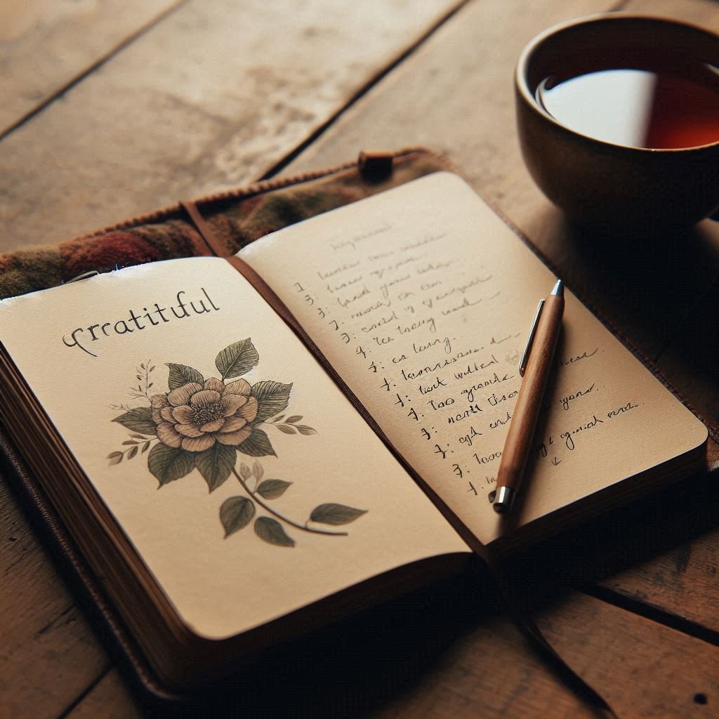 "An open journal on a wooden table with written gratitude notes, next to a cup of tea and soft lighting."