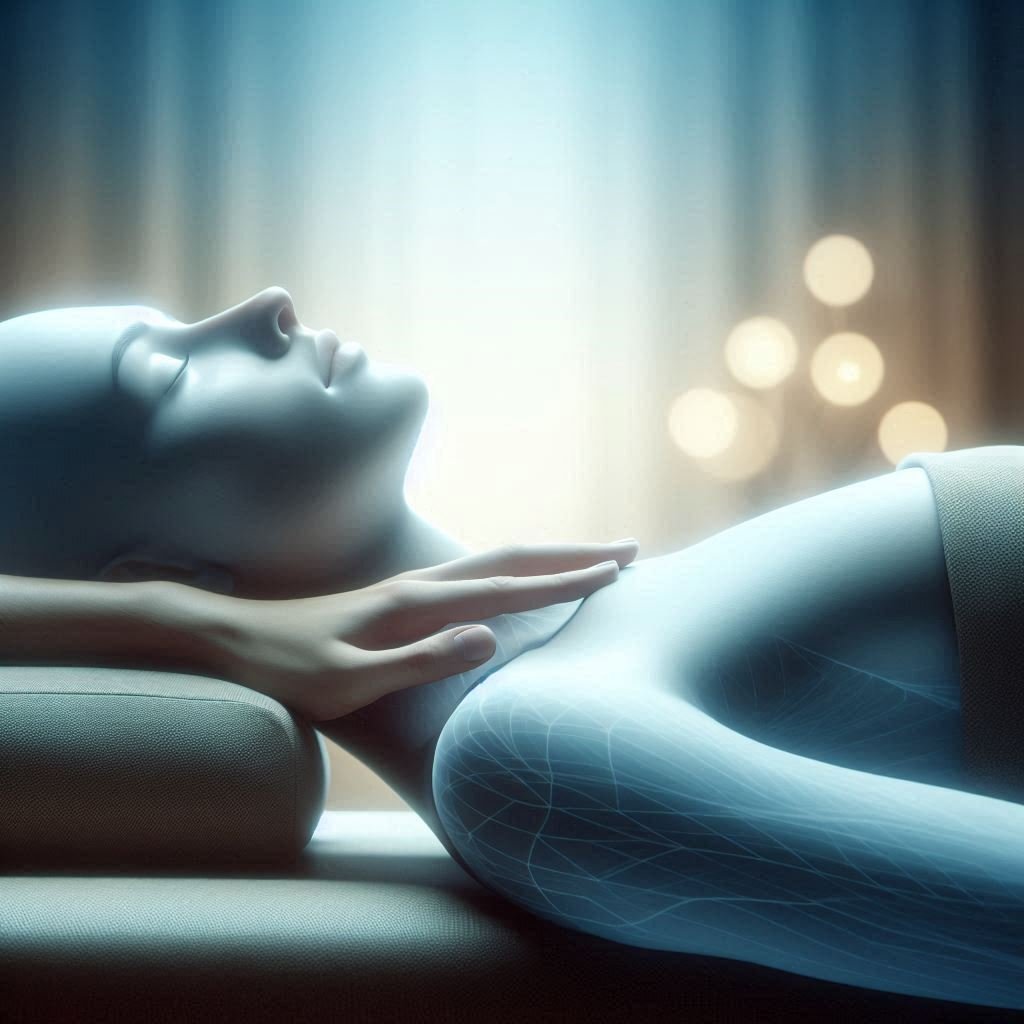  "A person lying on their back in a dimly lit room, gently relaxing their muscles."