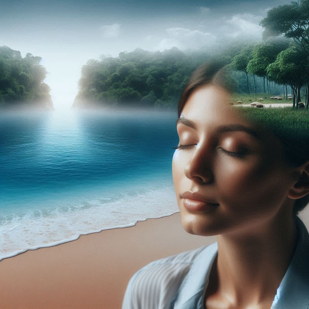  "A person with closed eyes imagining a serene beach or forest, using visualization for stress relief."