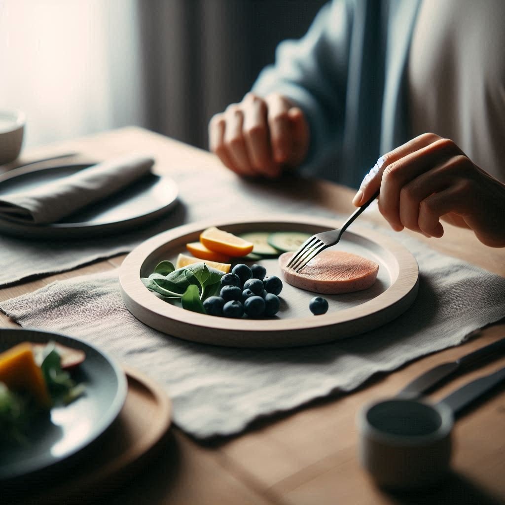 "A person slowly eating a meal, focusing on the textures and colors of the food."