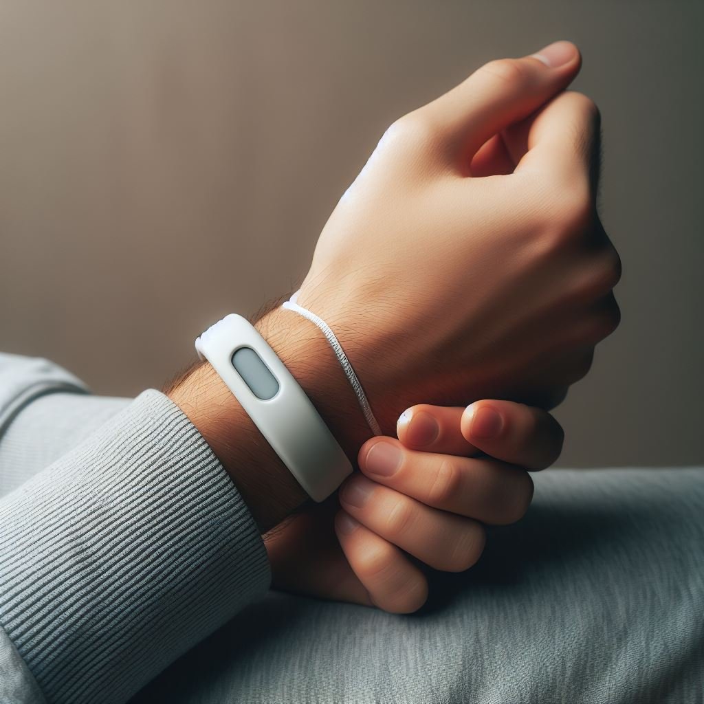  "A person wearing a stress relief band on their wrist, practicing breathing exercises."