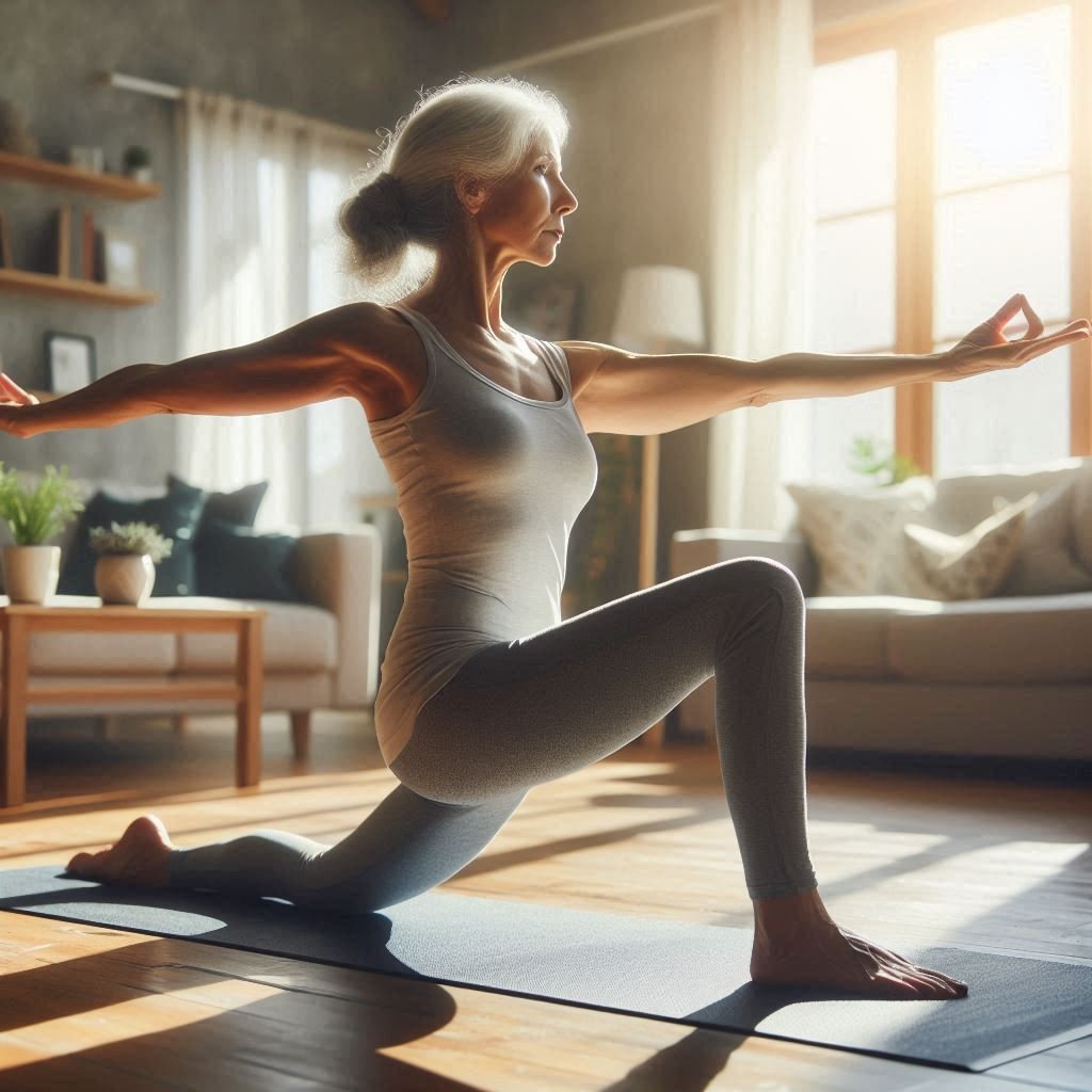 Older woman practicing yoga in a sunny living room, focusing on improving flexibility and balance.