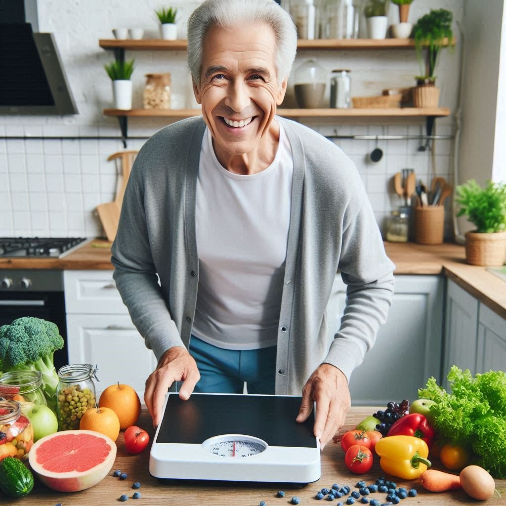 Older adult stepping on a scale with healthy food in the background, challenging the weight gain myth in aging.