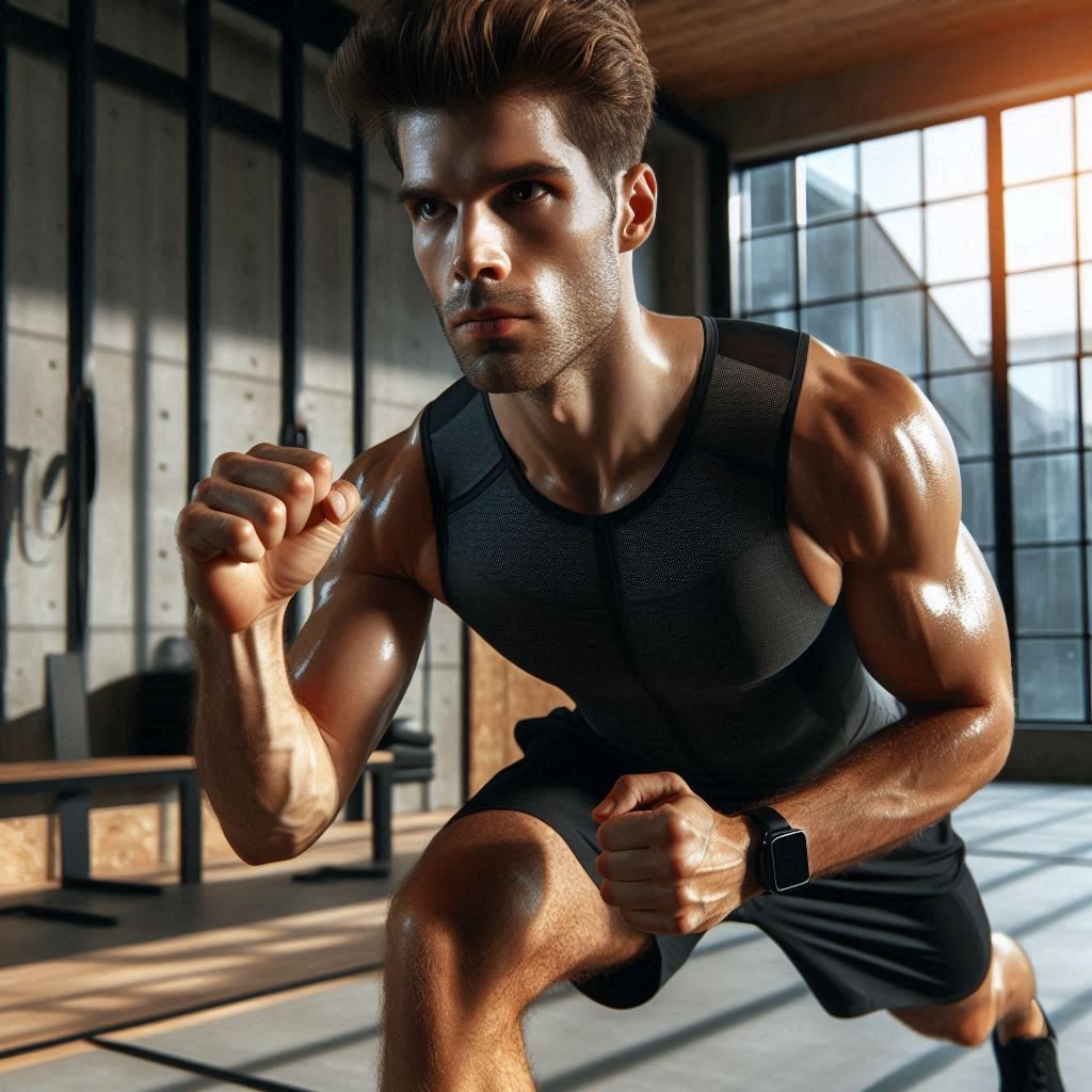 Trainer demonstrating high-intensity interval training (HIIT) in a gym, showing intensity and focus.