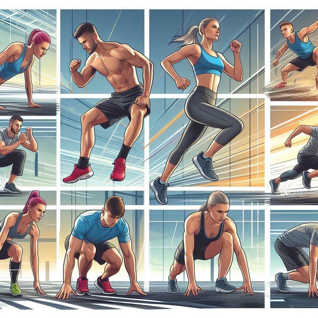 Collage of people doing burpees, jump squats, and mountain climbers in a minimalist gym space.