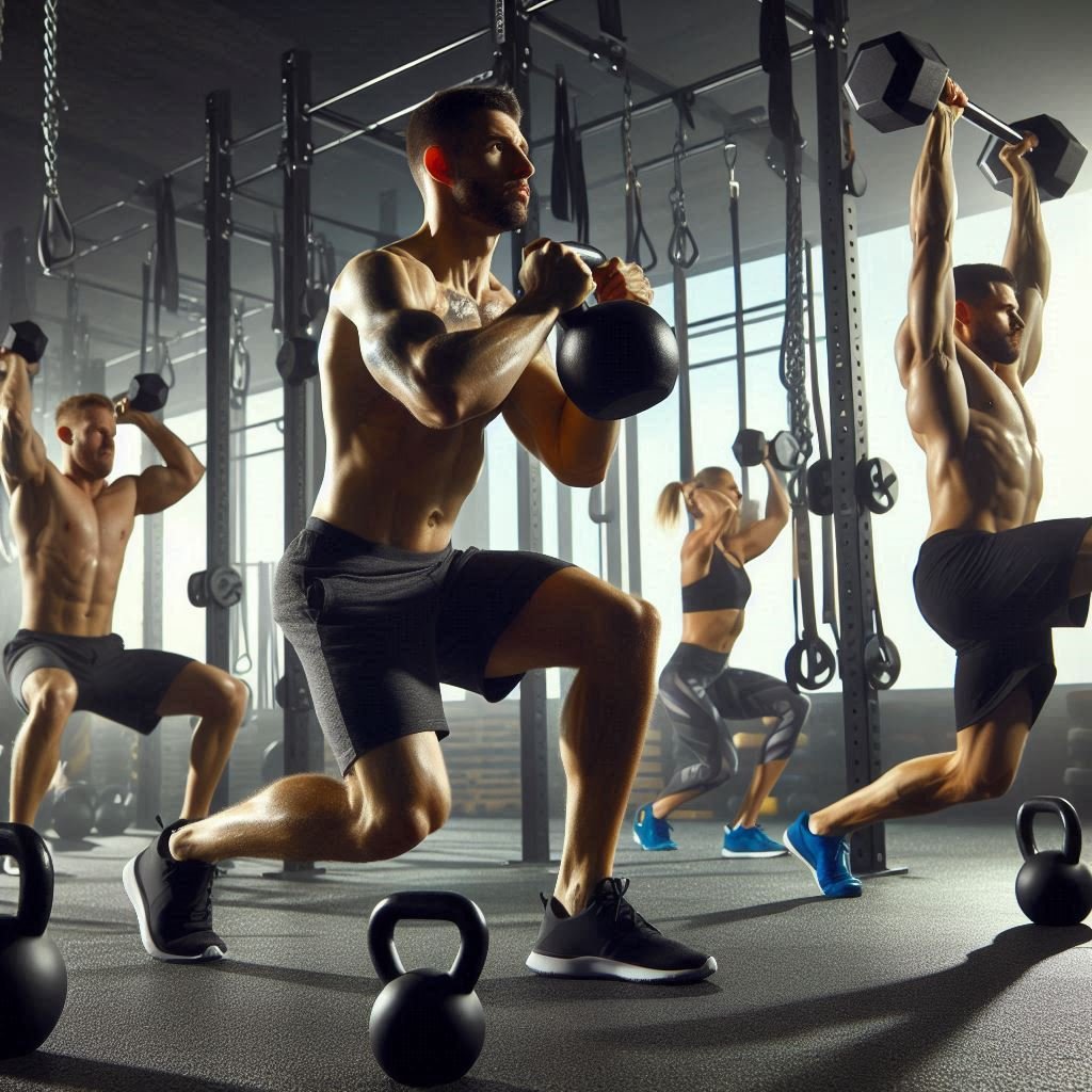 Individuals performing kettlebell swings and dumbbell thrusters in a gym with weight racks.