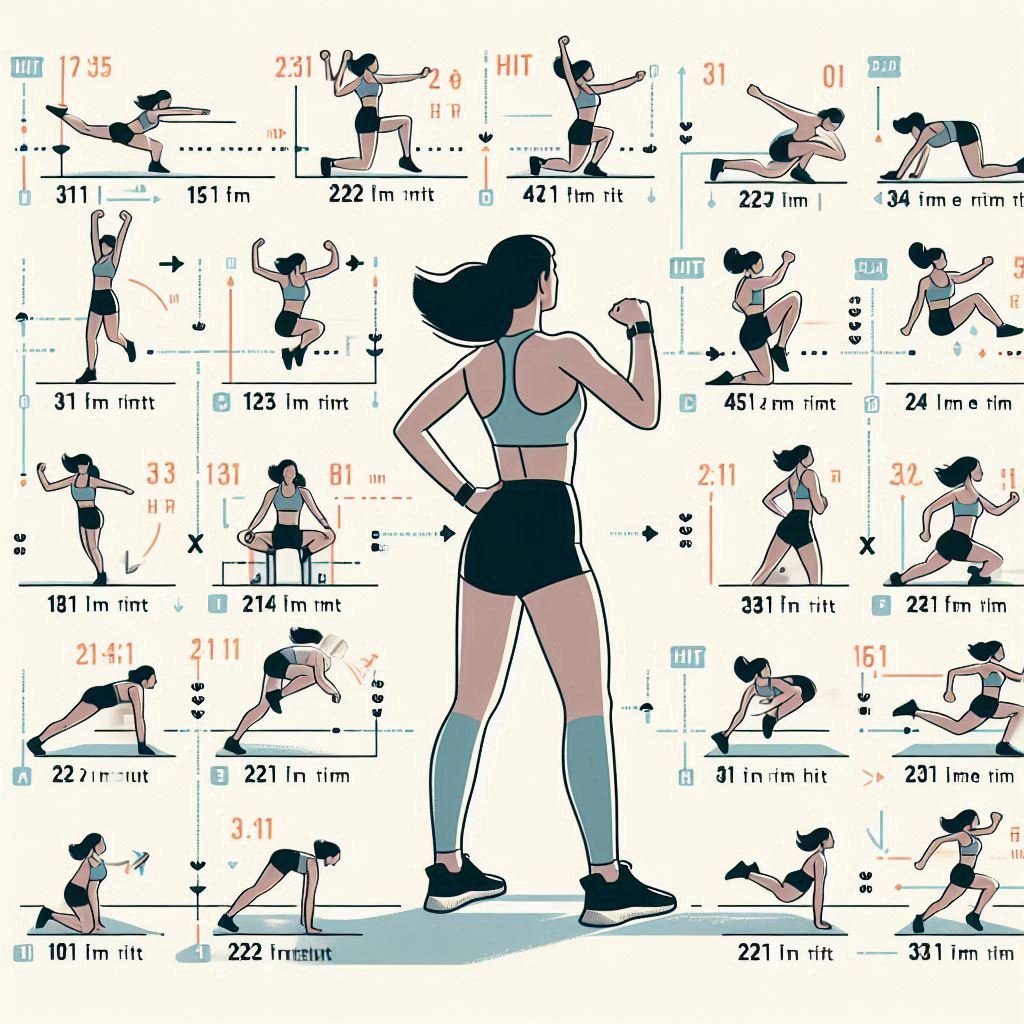 Illustrated HIIT workout routines with exercises and time intervals in an easy-to-follow format.