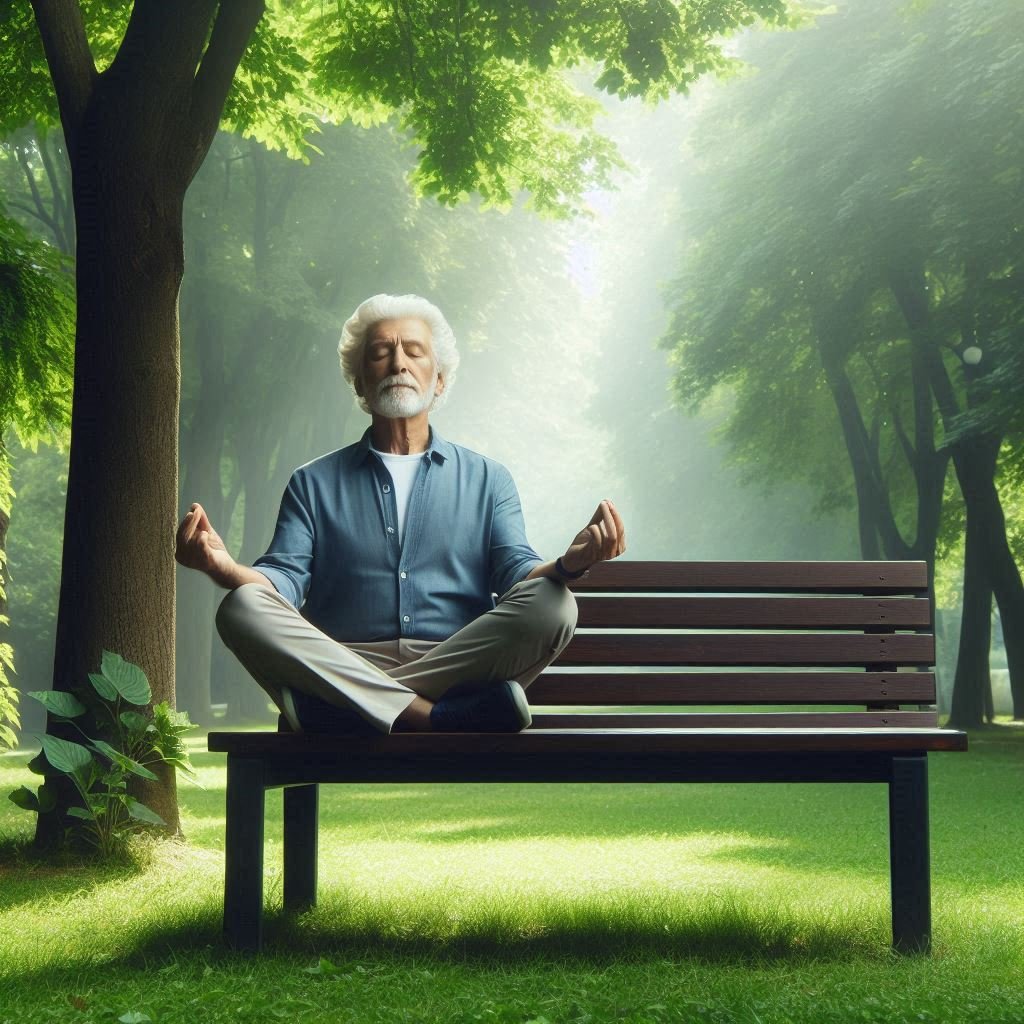 Senior man meditating on a park bench surrounded by trees, symbolizing mental health benefits of exercise.