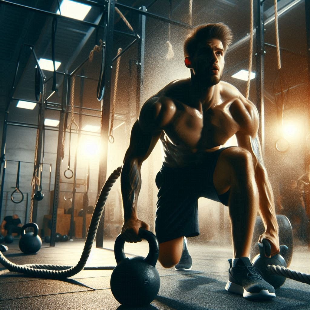 Person doing advanced HIIT exercises like kettlebell swings and battle ropes in a gym.