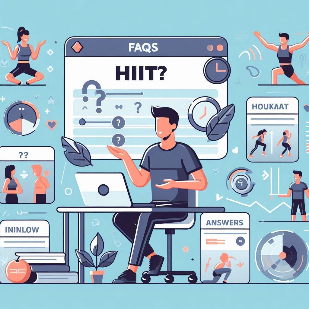 FAQ section with icons for questions and answers, showing a fitness expert offering advice on HIIT.
