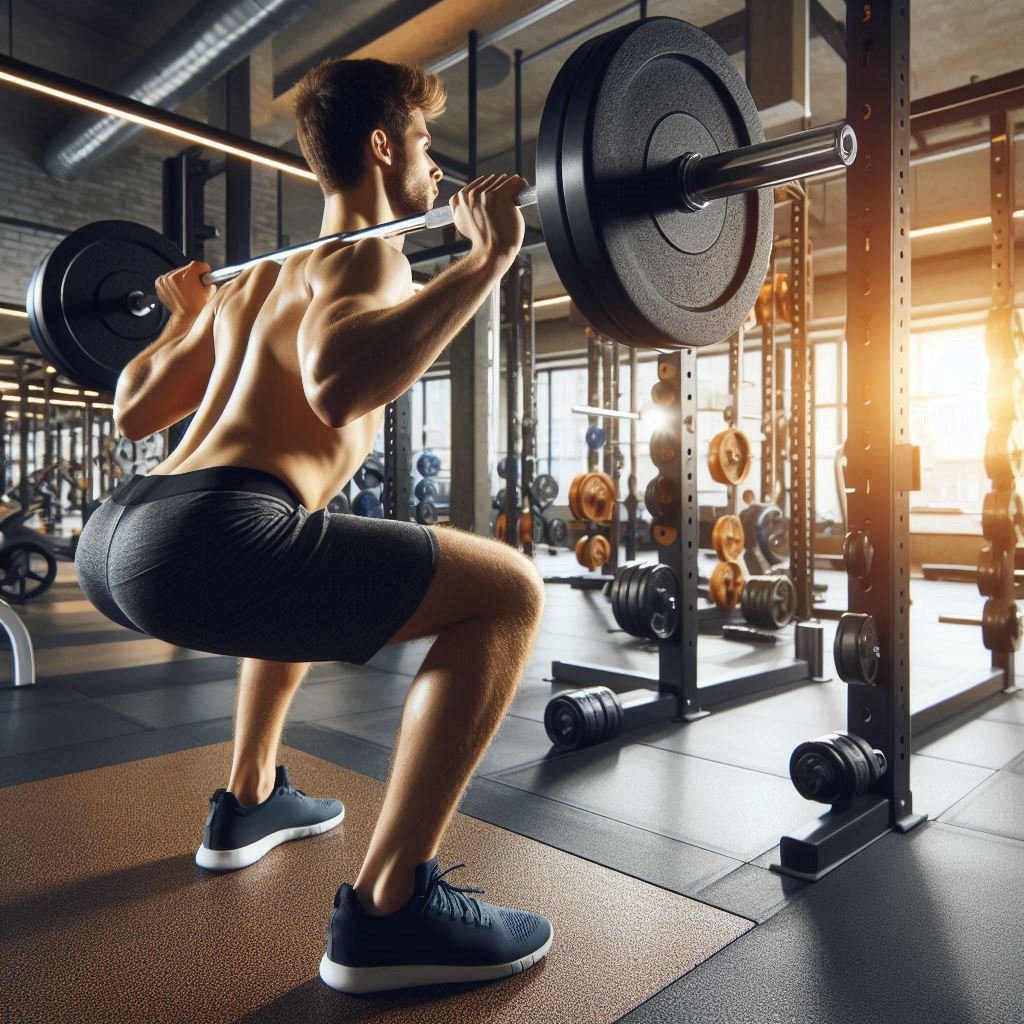 A person lifting weights in a modern gym, focusing on compound exercises like squats and deadlifts, illustrating the role of strength training in muscle gain during weight gain.