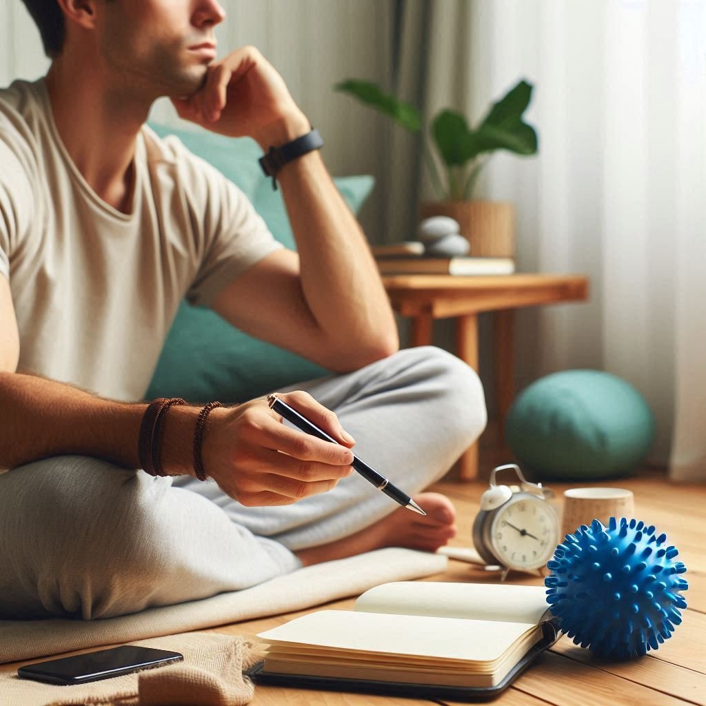 An individual practicing deep breathing or writing in a journal, demonstrating effective stress management techniques.