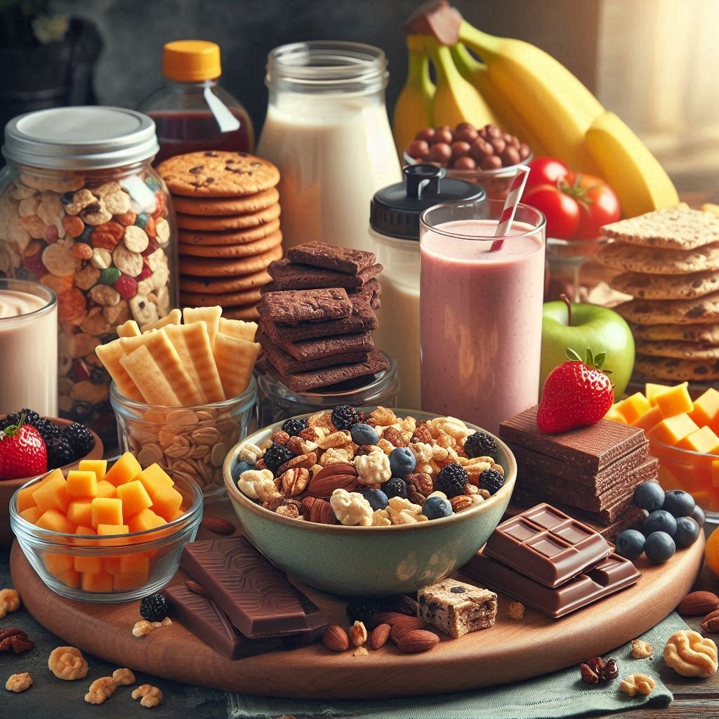 A variety of healthy, high-calorie snacks including trail mix, protein bars, and smoothies, perfect for boosting calorie intake between meals.