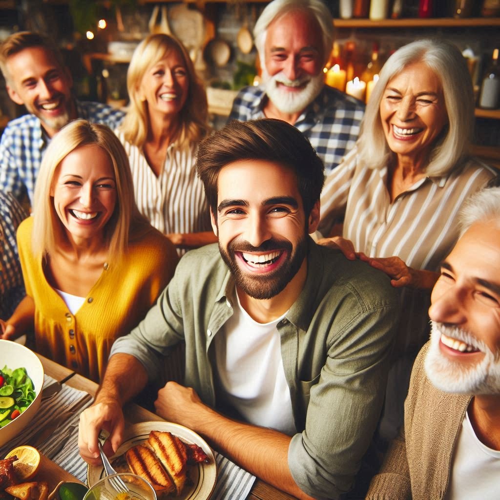 A group of friends laughing and enjoying each other's company, emphasizing the role of social connections in supporting mental health.