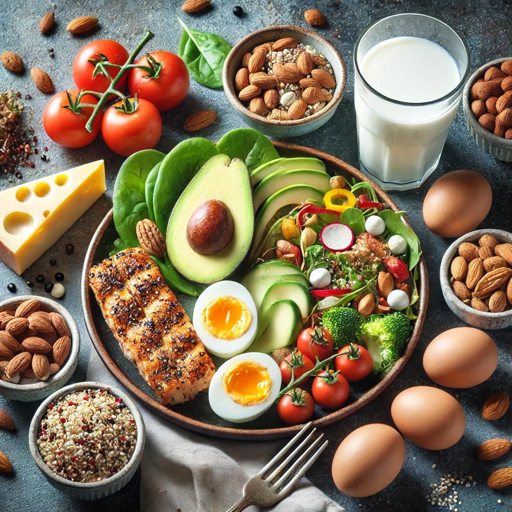 Plate of nutrient-dense foods including avocado slices, grilled chicken, boiled eggs, quinoa salad, and nuts, designed to support healthy weight gain without excess fat.