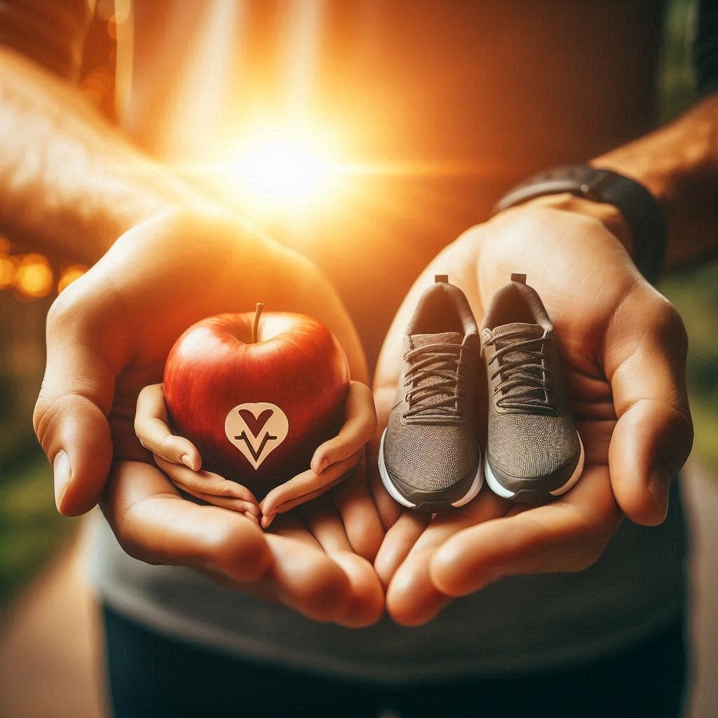 Hands holding symbols of health, including a heart, an apple, and a pair of running shoes, against the backdrop of a glowing sunrise, representing care, empowerment, and dedication to health improvement.