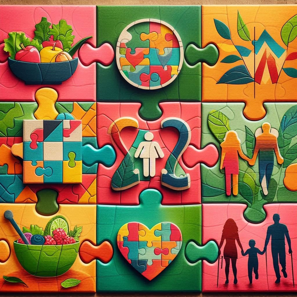 Colorful puzzle pieces forming a health-themed mosaic with images of a salad, yoga pose, mental health icon, and a family walking together, symbolizing uniqueness and inclusivity