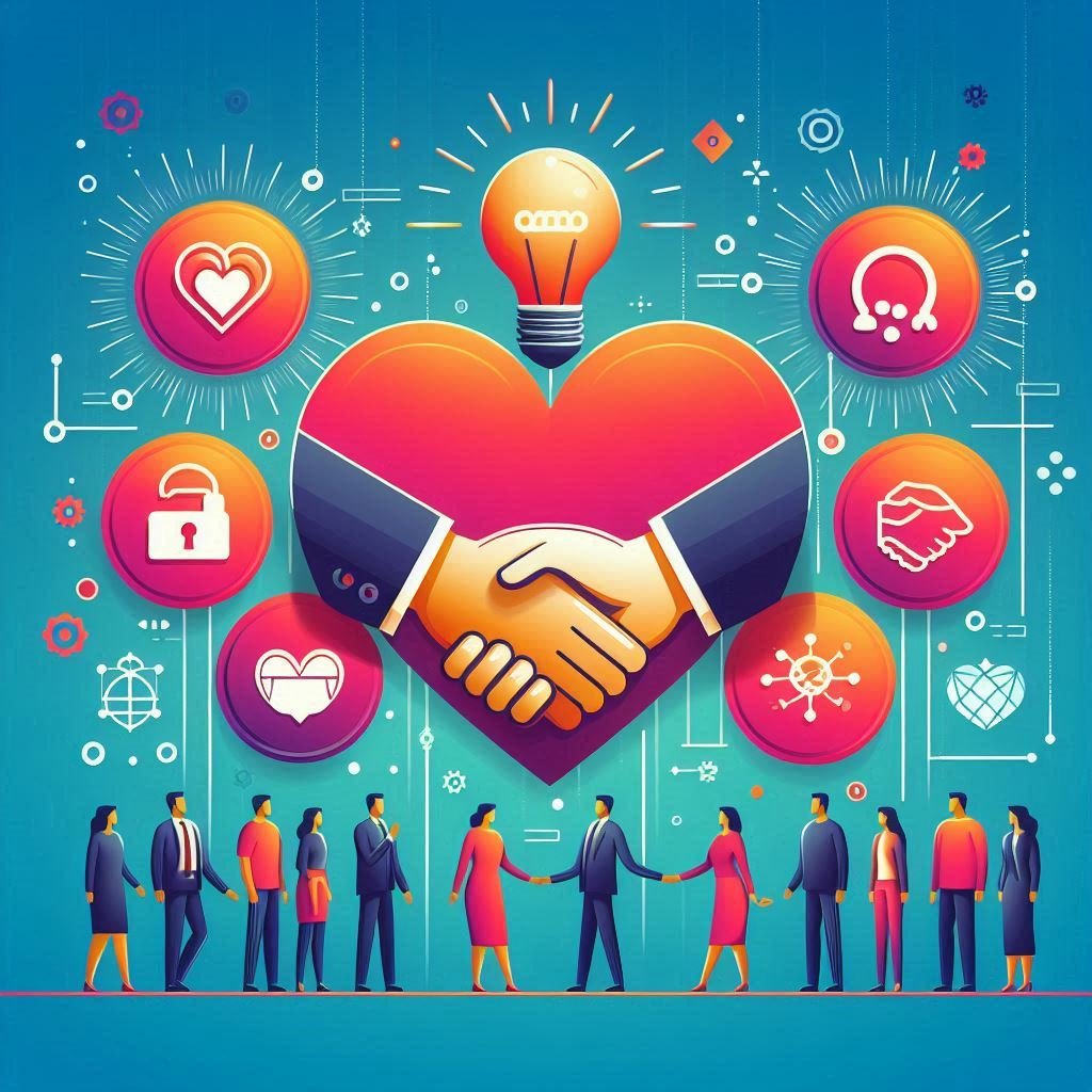 Icons representing core values: a heart for empathy, a handshake for integrity, a light bulb for innovation, and people holding hands for community, styled in a vibrant and professional design.