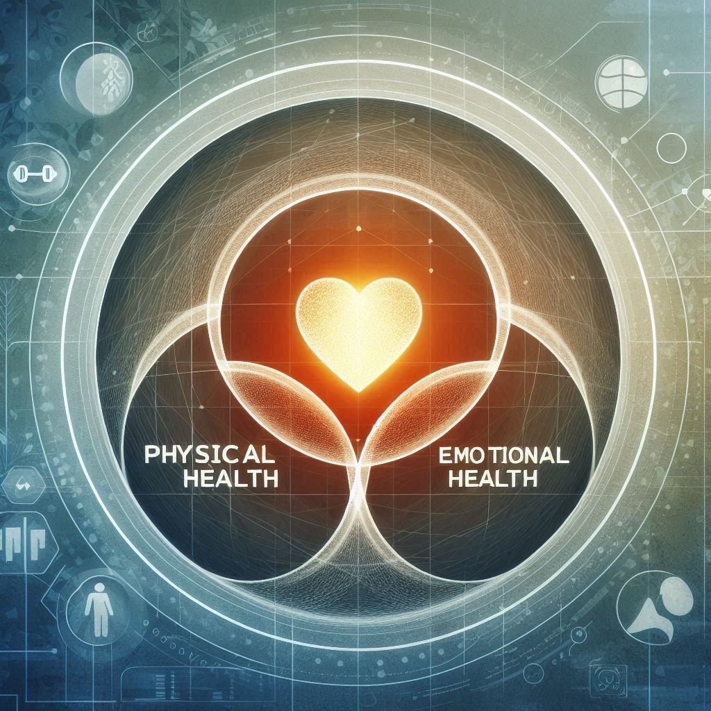 Three overlapping circles labeled 'Physical Health,' 'Mental Health,' and 'Emotional Health,' with a glowing heart icon in the center, representing balance and harmony in overall well-being.