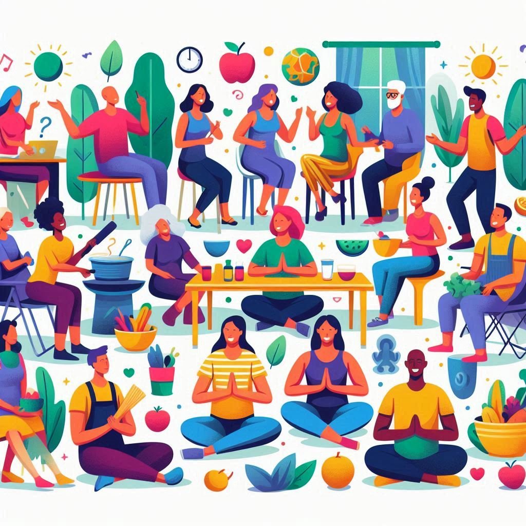 A group of diverse individuals participating in health-related community activities like yoga, cooking workshops, and mindfulness sessions, showcasing inclusivity and connection.