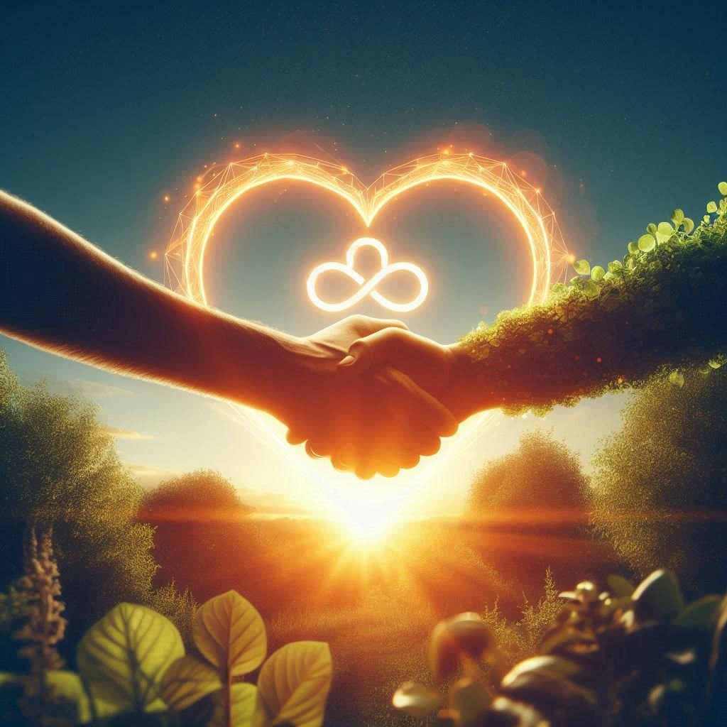 Two hands shaking in front of a glowing heart icon, with a sunrise and green landscape in the background, symbolizing trust, dedication, and partnership in achieving health goals.